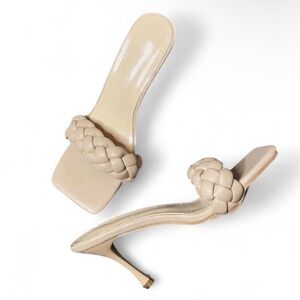 Cream Tan Leather Square Braided Open Low Slip On Heels Brand New